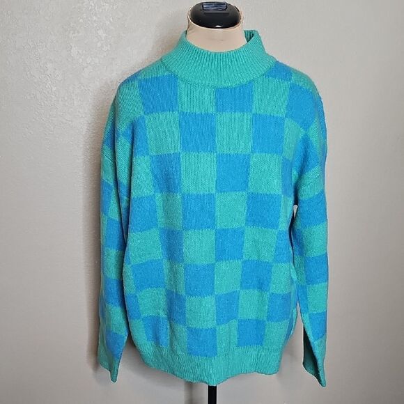 THML Sweaters - NWT THML Blue and Green Checkered Mockneck Boxy Sweater Large